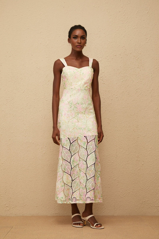 Maisie Maxi Dress in Neutrals Leaf Appliqué Floral Print Sweetheart Neckline Cut-Out Design Fitted Waistline Wide Straps Rear Zip Fastening Sleeveless 100% Terylene Fiber Composition