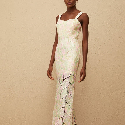 Maisie Maxi Dress in Neutrals Leaf Applique Floral Print Sweetheart Neckline Cut Out Design Fitted Waistline Wide Straps Rear Zip Fastening Sleeveless 100 Terylene Fiber Composition