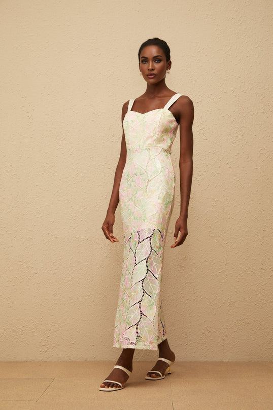 Maisie Maxi Dress in Neutrals Leaf Applique Floral Print Sweetheart Neckline Cut Out Design Fitted Waistline Wide Straps Rear Zip Fastening Sleeveless 100 Terylene Fiber Composition