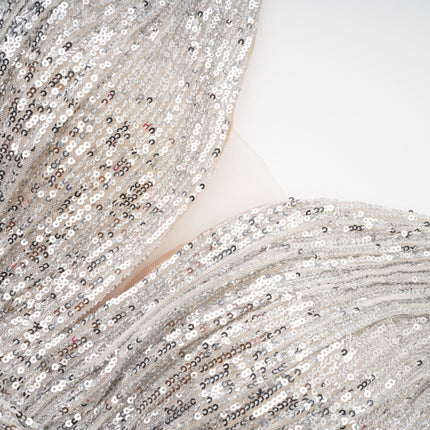 Maisie Silver Sequin Maxi Dress V Neck Cinched Waist 100% Polyester Ankle Length Elegant Glamorous