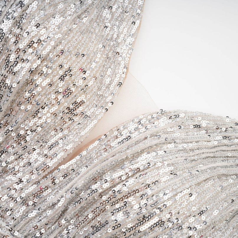 Maisie Silver Sequin Maxi Dress V Neck Cinched Waist 100% Polyester Ankle Length Elegant Glamorous