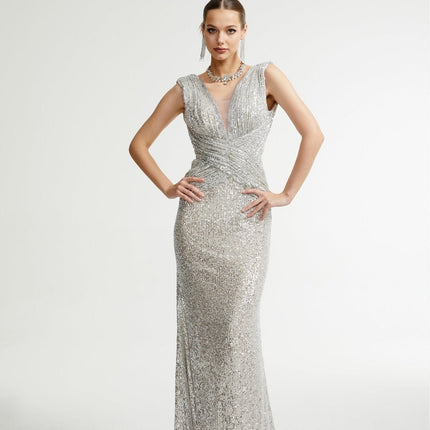 Maisie Silver Sequin Maxi Dress with V Neck and Cinched Waist in 100% Polyester for Gala or Black-Tie Event