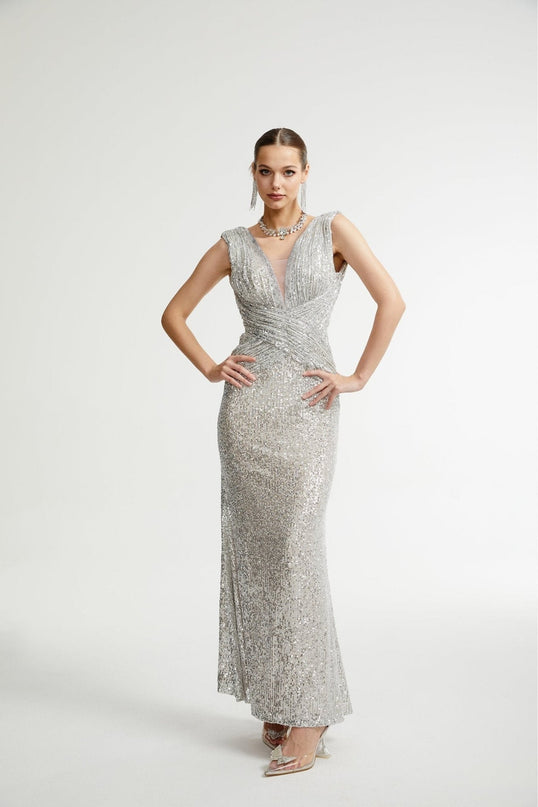 Maisie Silver Sequin Maxi Dress with V Neck and Cinched Waist in 100% Polyester for Gala or Black-Tie Event