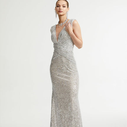 Maisie Silver Sequin Maxi Dress 100% Polyester V Neck Cinched Waist Ankle-Length Hem Gala Black-Tie Event Luxury Sophistication Glamour Style