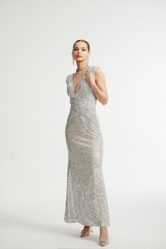 Maisie Silver Sequin Maxi Dress 100% Polyester V Neck Cinched Waist Ankle-Length Hem Gala Black-Tie Event Luxury Sophistication Glamour Style
