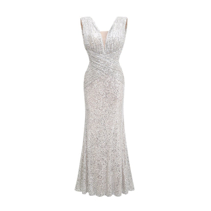 Maisie Silver Sequin Maxi Dress with V Neck and Cinched Waist in 100% Polyester