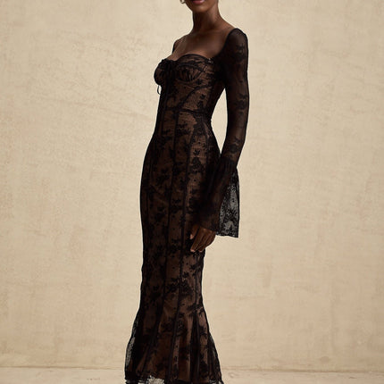 Makayla Black Lace Maxi Dress with Flared Cuffs