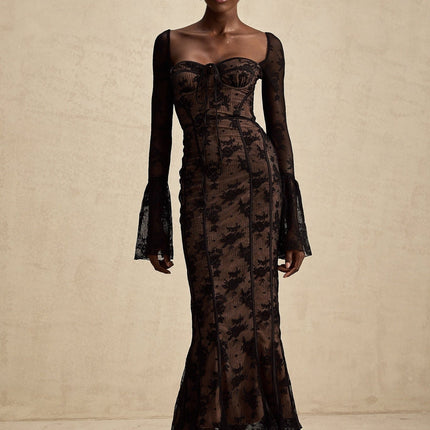 Makayla Black Lace Maxi Dress with Flared Cuffs and Front Tie Fastening