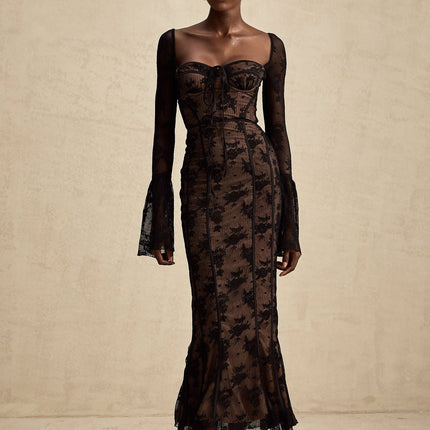 Makayla Black Lace Maxi Dress with Flared Cuffs