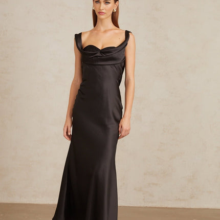 Makayla Black Satin Corset Waist Maxi Dress with Cowl Neck