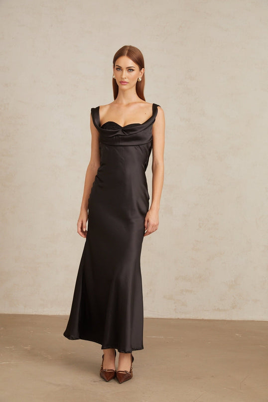 Makayla Black Satin Corset Waist Maxi Dress with Cowl Neck