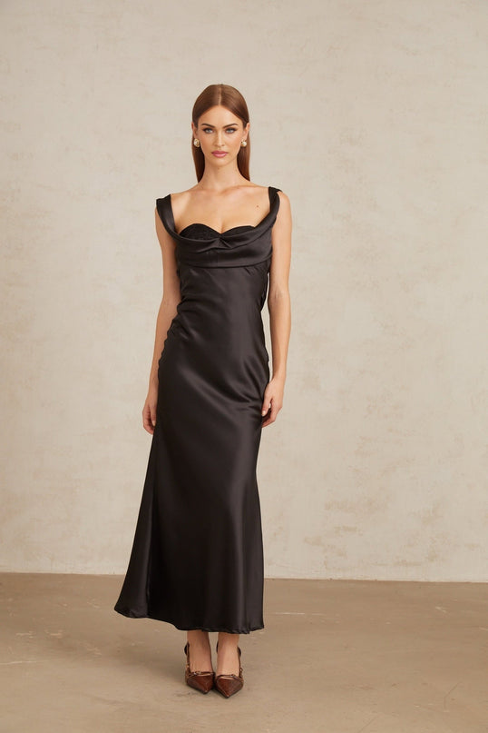 Makayla Black Satin Corset Waist Maxi Dress