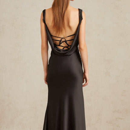 Makayla Black Satin Corset Waist Maxi Dress