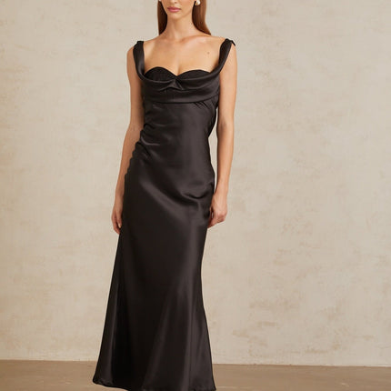 Makayla Black Satin Corset Waist Maxi Dress