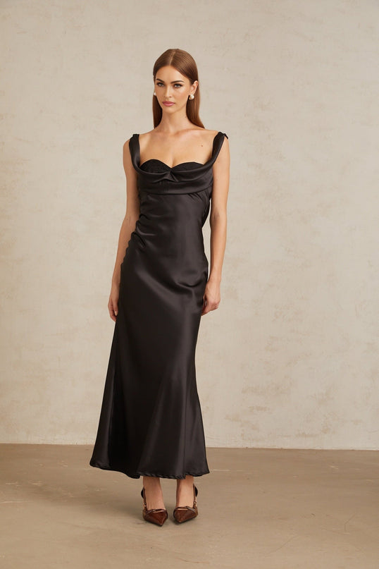 Makayla Black Satin Corset Waist Maxi Dress