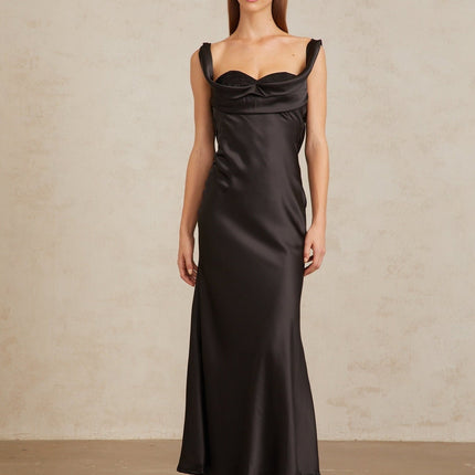 Makayla Black Satin Corset Waist Maxi Dress