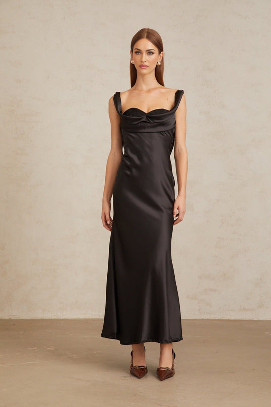 Makayla Black Satin Corset Waist Maxi Dress