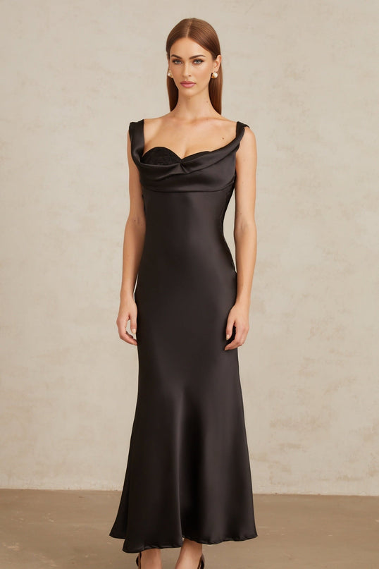 Makayla Black Satin Corset Waist Maxi Dress with Cowl Neck and Self-Tie Detailing