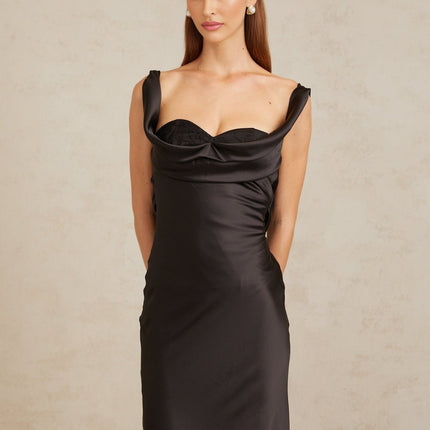Makayla Black Satin Maxi Dress with Corset Waist and Cowl Neck