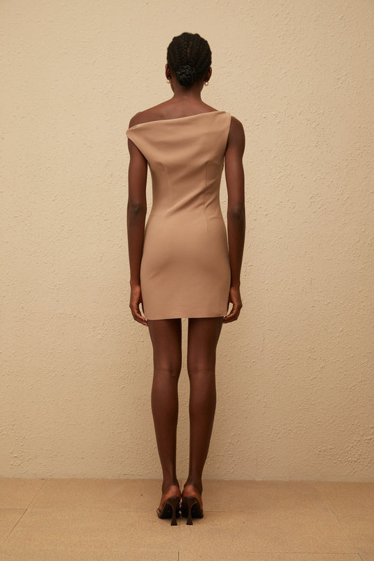 Makayla Neutrals One Shoulder Mini Dress in Khaki Terylene Fiber