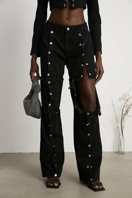 Malaya Black Jeans Buttoned Wide Leg