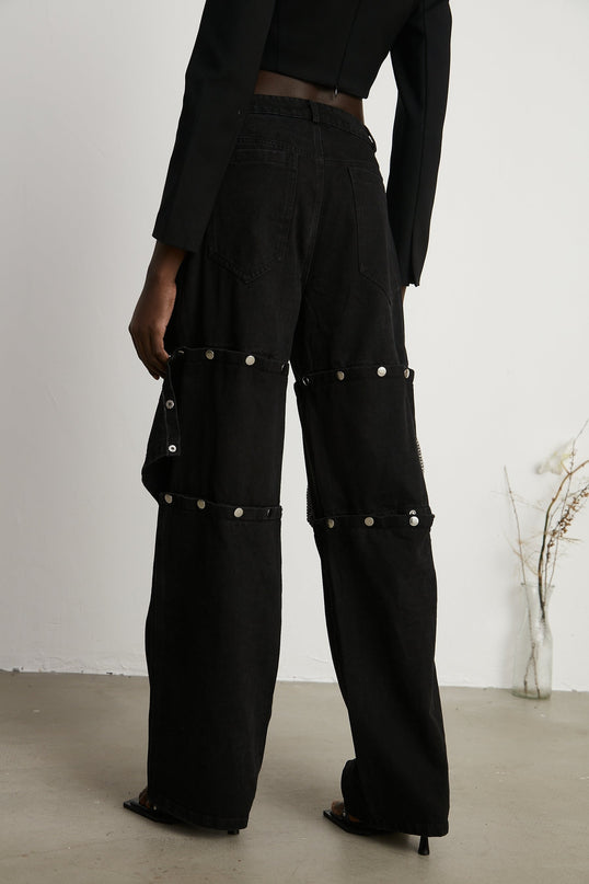 Malaya Black Jeans Buttoned Wide Leg