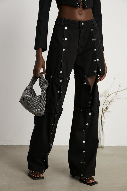 Malaya Black Jeans Buttoned Wide Leg