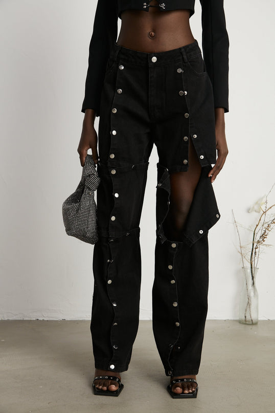 Malaya Black Jeans Buttoned Wide Leg