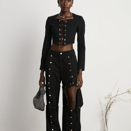 Malaya Black Wide Leg Jeans Buttoned Patch Pockets Belt Loops