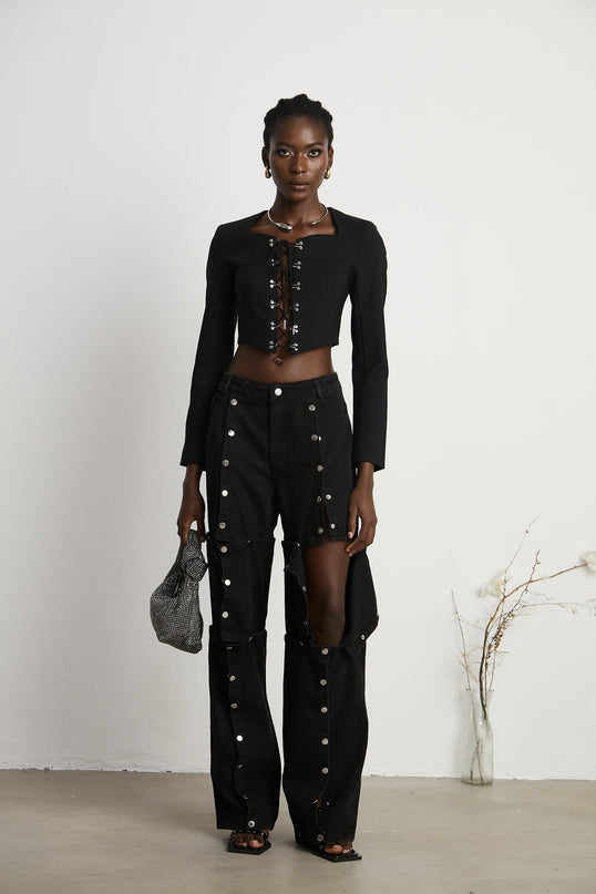 Malaya Black Wide Leg Jeans Buttoned Patch Pockets Belt Loops