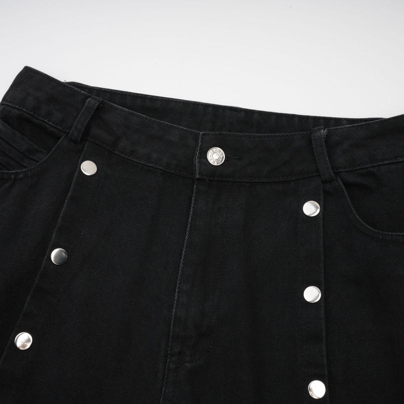 Malaya Black Wide Leg Jeans Buttoned Patch Pockets Belt Loops