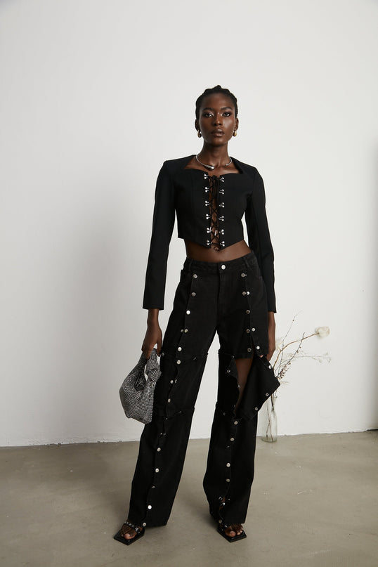 Malaya Black Wide Leg Jeans Buttoned Patch Pockets Belt Loops