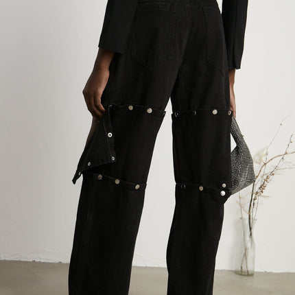 Malaya Black Wide Leg Jeans Buttoned Patch Pockets Chic Couture Charm