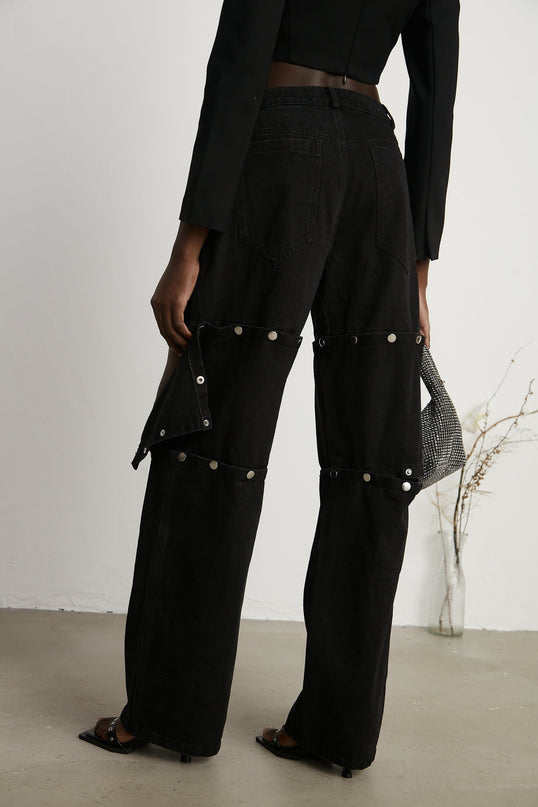 Malaya Black Wide Leg Jeans Buttoned Patch Pockets Chic Couture Charm
