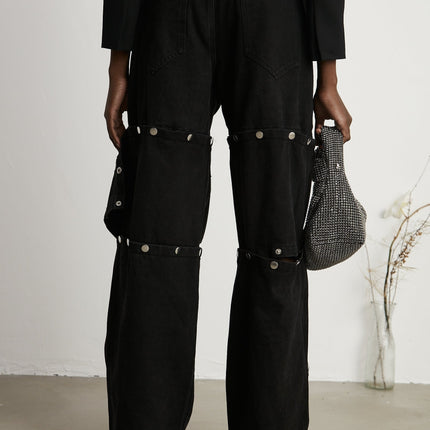 Malaya Black Wide Leg Jeans Buttoned Patch Pockets Chic Fashion