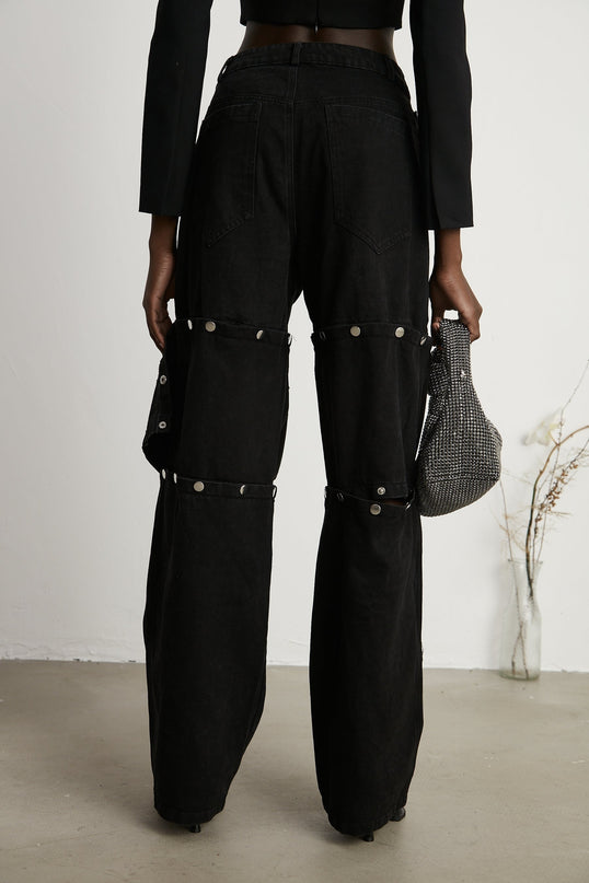 Malaya Black Wide Leg Jeans Buttoned Patch Pockets Chic Fashion