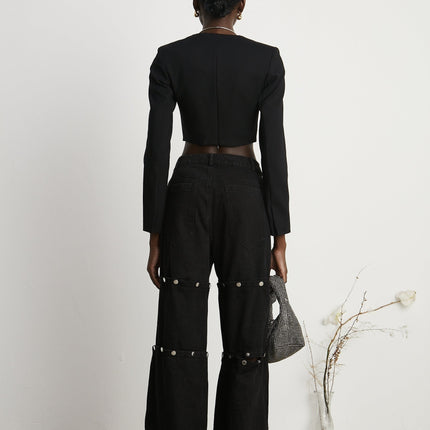 Malaya Black Wide Leg Jeans Buttoned Patch Pockets Polyester Cotton Blend