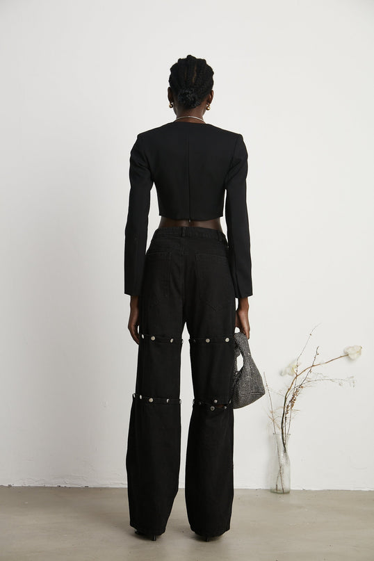 Malaya Black Wide Leg Jeans Buttoned Patch Pockets Polyester Cotton Blend
