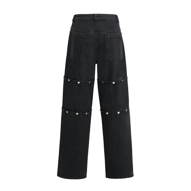 Malaya Black Wide Leg Jeans Buttoned Patch Pockets