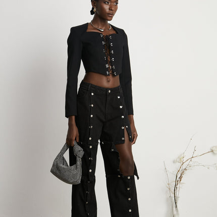 Malaya Black Wide Leg Jeans Buttoned Pocketed