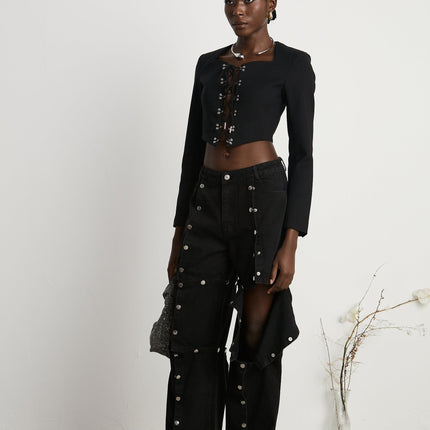 Malaya Black Wide Leg Jeans Buttoned Patch Pockets Belt Loops