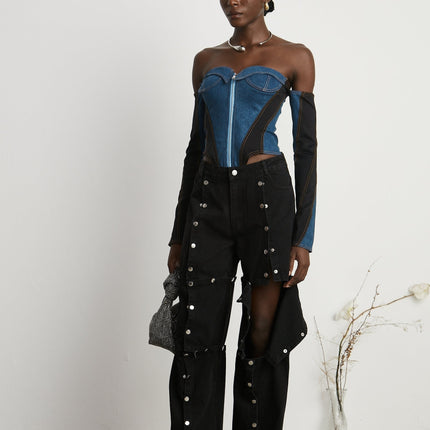 Malaya Black Wide Leg Jeans Buttoned Patch Pocket Chic Elegant