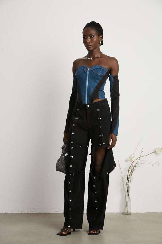 Malaya Black Wide Leg Jeans Buttoned Patch Pocket Chic Elegant