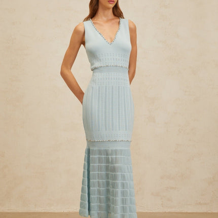 Malaya Blue Maxi Dress V-neck Sleeveless Fitted Waistline Rhinestone Faux-pearl Embellishments Pointelle Trim Polyamide Viscose Terylene Fiber Knitted Mermaid Hem Maxi Length Special Occasion Luxury