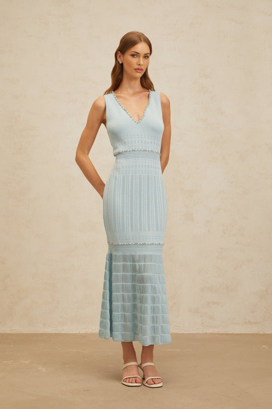 Malaya Blue Maxi Dress V-neck Sleeveless Fitted Waistline Rhinestone Faux-pearl Embellishments Pointelle Trim Polyamide Viscose Terylene Fiber Knitted Mermaid Hem Maxi Length Special Occasion Luxury