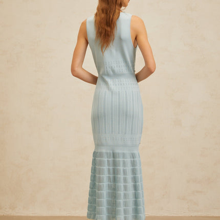 Malaya Blue Maxi Dress V-neck Sleeveless Rhinestone Faux-Pearl Embellishments Pointelle Trim Mermaid Hem Luxury