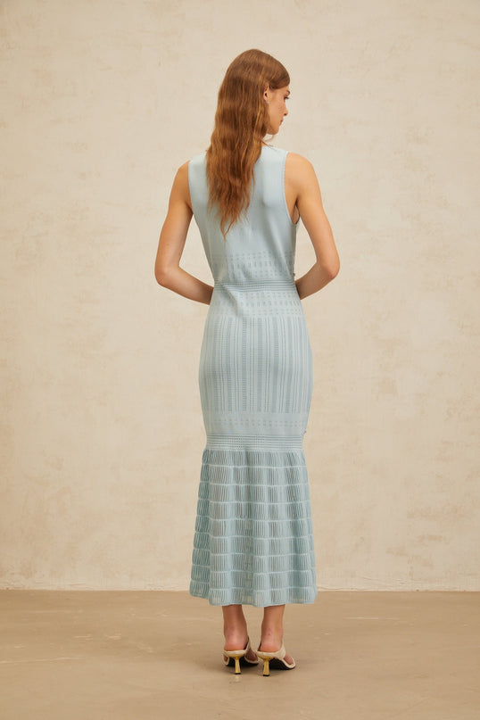 Malaya Blue Maxi Dress V-neck Sleeveless Rhinestone Faux-Pearl Embellishments Pointelle Trim Mermaid Hem Luxury