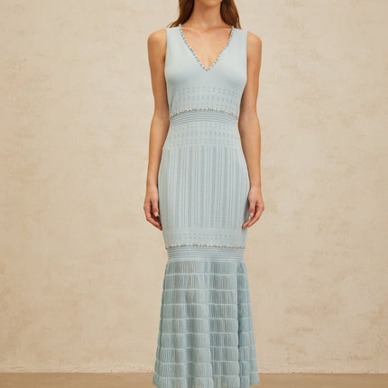 Malaya Blue Maxi Dress V-neck Sleeveless Rhinestone Faux-pearl Embellishments Pointelle Trim Mermaid Hem