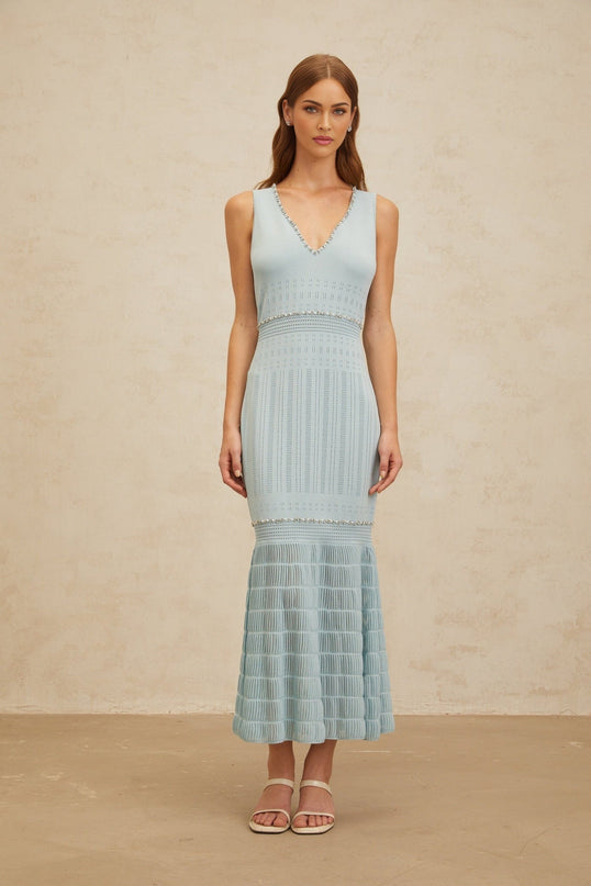 Malaya Blue Maxi Dress V-neck Sleeveless Rhinestone Faux-pearl Embellishments Pointelle Trim Mermaid Hem