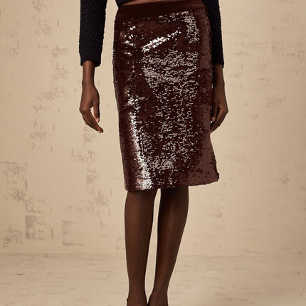 Malaya Brown Sequin A-Line Midi Skirt
